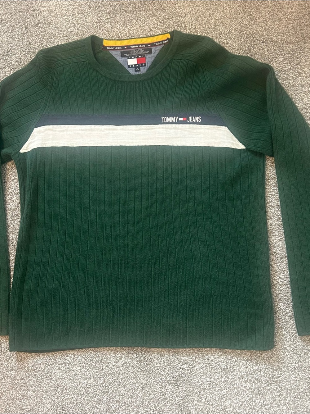 Vintage 90s Tommy Jeans Ribbed Knit Striped Sweater Forest Green Mens Medium
